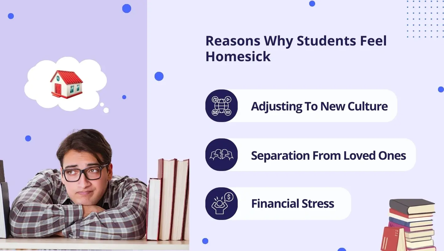 Infographic highlighting three reasons why students feel homesick