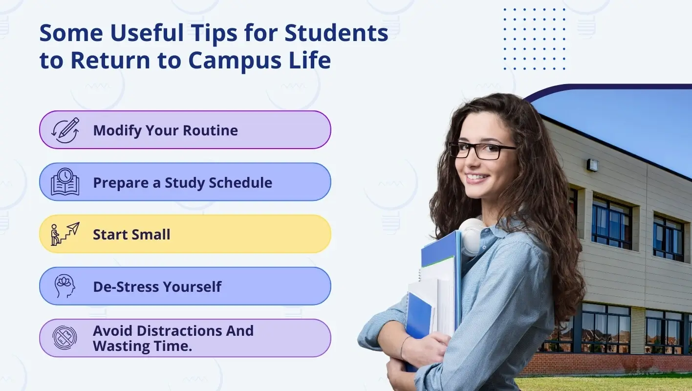 Infographic highlighting 5 useful tips for students to easily transition back to college after winter holidays